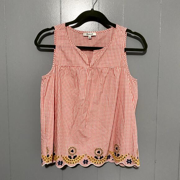 Madewell Red Embroidered Gingham Scalloped Hem Preppy Cottagecore Tank Top S - Picture 2 of 8